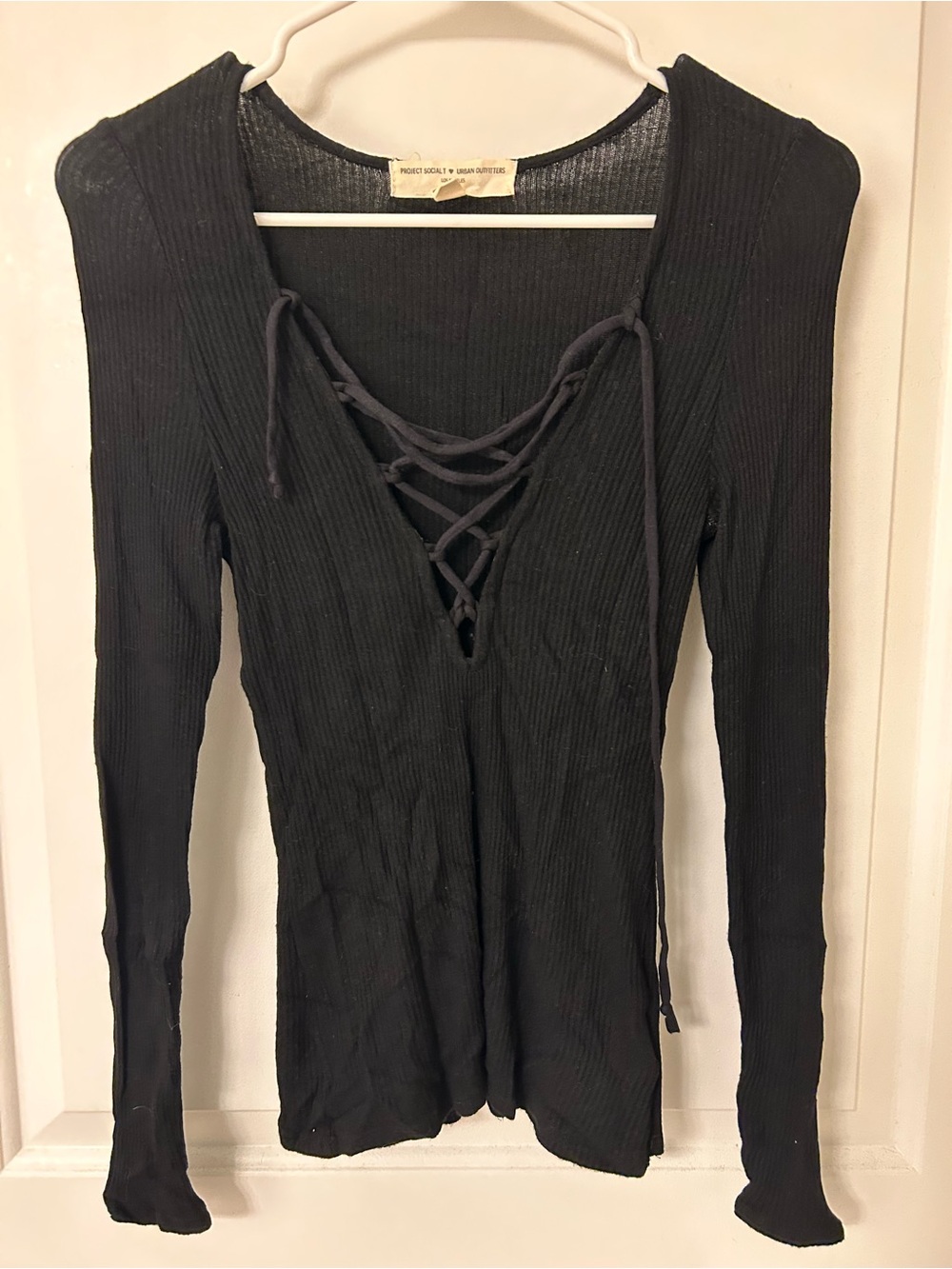 Urban Outfitters Project Social T Black Ribbed Lace-Up Long Sleeve Tee